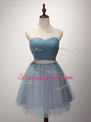 Light Blue Sleeveless Mini Length Beading and Ruching Lace Up Wedding Guest Dresses