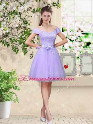 Superior V-neck Cap Sleeves Lace Up Bridesmaid Dress Lilac Tulle