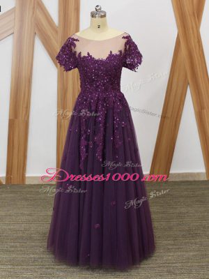 Purple Empire Scoop Short Sleeves Tulle Floor Length Zipper Lace and Appliques Mother Dresses