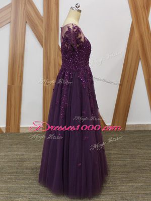 Purple Empire Scoop Short Sleeves Tulle Floor Length Zipper Lace and Appliques Mother Dresses