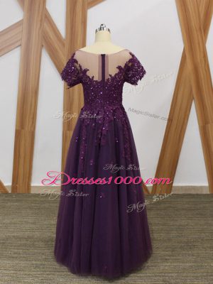 Purple Empire Scoop Short Sleeves Tulle Floor Length Zipper Lace and Appliques Mother Dresses