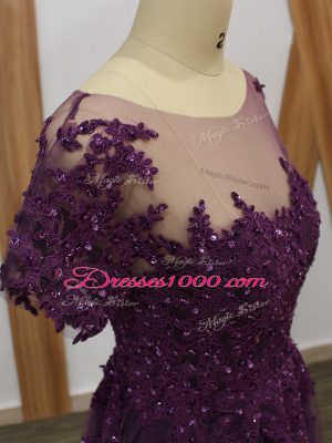 Purple Empire Scoop Short Sleeves Tulle Floor Length Zipper Lace and Appliques Mother Dresses