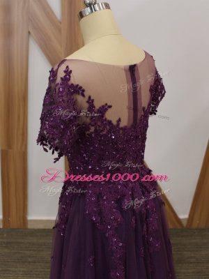 Purple Empire Scoop Short Sleeves Tulle Floor Length Zipper Lace and Appliques Mother Dresses