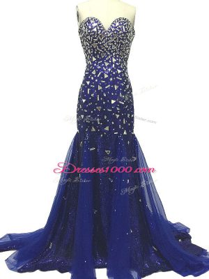 Royal Blue Sleeveless Tulle Brush Train Zipper Evening Party Dresses for Prom and Party