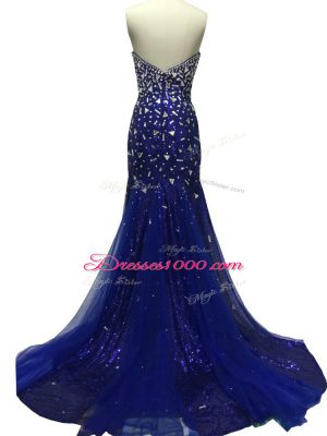 Royal Blue Sleeveless Tulle Brush Train Zipper Evening Party Dresses for Prom and Party