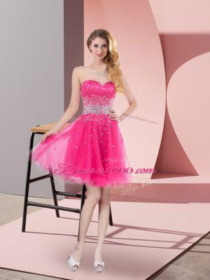 Traditional Beading Womens Party Dresses Hot Pink Lace Up Sleeveless Mini Length