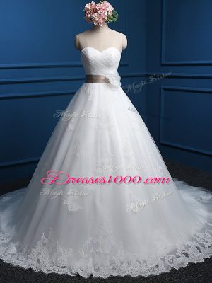Sweet White Ball Gowns Tulle Sweetheart Sleeveless Appliques and Hand Made Flower Lace Up Bridal Gown Brush Train
