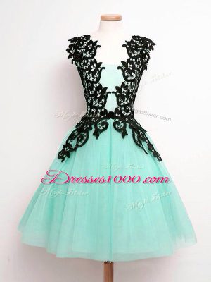 Turquoise Sleeveless Lace Knee Length Bridesmaid Gown