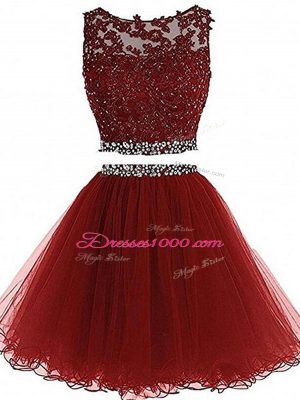 Burgundy Zipper Homecoming Dress Beading and Lace and Appliques Sleeveless Mini Length