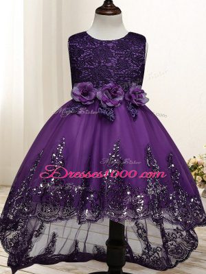 New Arrival Sleeveless High Low Lace and Appliques and Bowknot and Hand Made Flower Zipper Little Girl Pageant Dress with Dark Purple