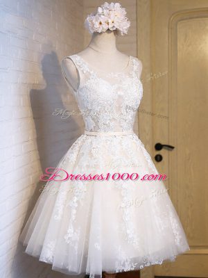White Scoop Neckline Appliques Dress for Prom Sleeveless Lace Up