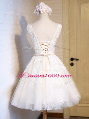 White Scoop Neckline Appliques Dress for Prom Sleeveless Lace Up
