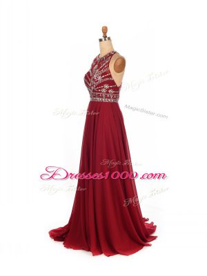 Pretty Criss Cross Prom Evening Gown Wine Red for Prom and Party and Military Ball with Beading Brush Train