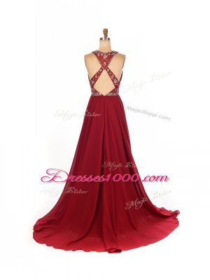 Pretty Criss Cross Prom Evening Gown Wine Red for Prom and Party and Military Ball with Beading Brush Train