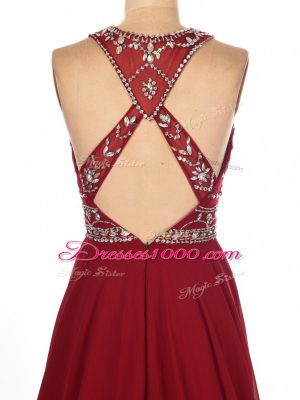 Pretty Criss Cross Prom Evening Gown Wine Red for Prom and Party and Military Ball with Beading Brush Train