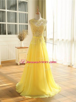 On Sale Sleeveless Floor Length Lace and Appliques Zipper with Yellow