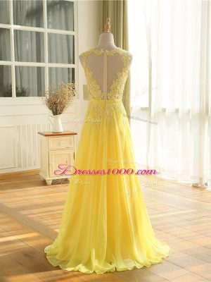 On Sale Sleeveless Floor Length Lace and Appliques Zipper with Yellow