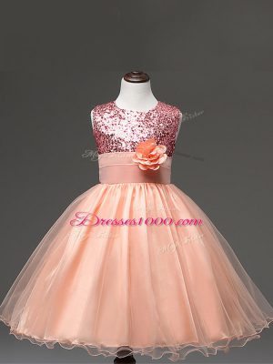 Custom Made Scoop Sleeveless Kids Pageant Dress Knee Length Sequins and Hand Made Flower Peach Tulle
