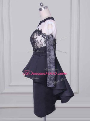 Luxury Satin Scoop Long Sleeves Zipper Lace and Appliques Mother of Groom Dress in Black