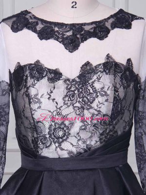 Luxury Satin Scoop Long Sleeves Zipper Lace and Appliques Mother of Groom Dress in Black