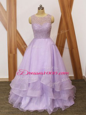 Glamorous Brush Train A-line Pageant Dresses Lavender Scoop Organza Sleeveless Zipper