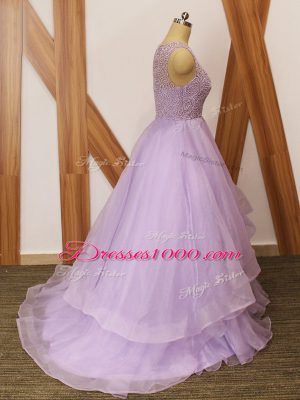 Glamorous Brush Train A-line Pageant Dresses Lavender Scoop Organza Sleeveless Zipper