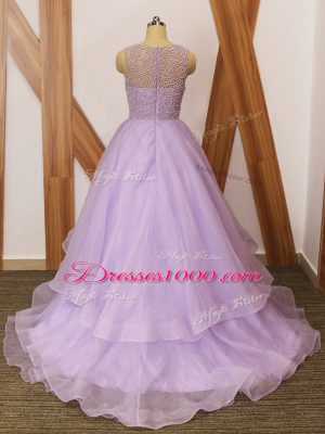 Glamorous Brush Train A-line Pageant Dresses Lavender Scoop Organza Sleeveless Zipper