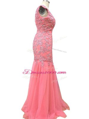 Mermaid Juniors Evening Dress Watermelon Red Scoop Tulle Sleeveless Floor Length Zipper