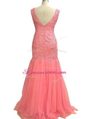 Mermaid Juniors Evening Dress Watermelon Red Scoop Tulle Sleeveless Floor Length Zipper