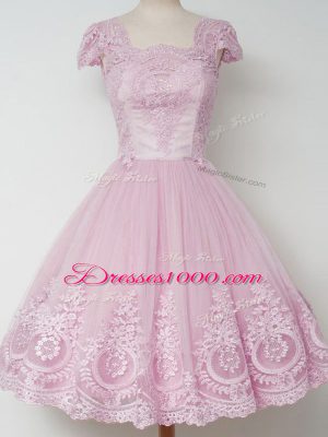 Lilac Square Zipper Lace Dama Dress for Quinceanera Cap Sleeves
