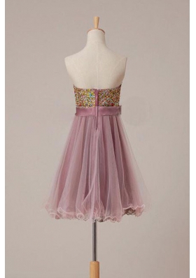 Adorable Pink A-line Sashes|ribbons and Sequins Prom Dresses Zipper Tulle Sleeveless Knee Length