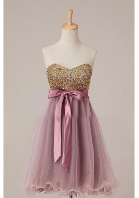 Adorable Pink A-line Sashes|ribbons and Sequins Prom Dresses Zipper Tulle Sleeveless Knee Length