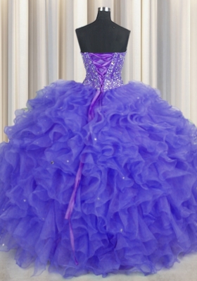 Captivating Visible Boning Organza Sweetheart Sleeveless Lace Up Beading and Ruffles and Sashes|ribbons Quinceanera Gown in Purple