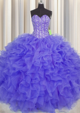 Captivating Visible Boning Organza Sweetheart Sleeveless Lace Up Beading and Ruffles and Sashes|ribbons Quinceanera Gown in Purple