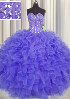 Captivating Visible Boning Organza Sweetheart Sleeveless Lace Up Beading and Ruffles and Sashes|ribbons Quinceanera Gown in Purple