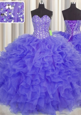 Captivating Visible Boning Organza Sweetheart Sleeveless Lace Up Beading and Ruffles and Sashes|ribbons Quinceanera Gown in Purple