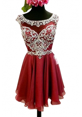Low Price Burgundy A-line Bateau Cap Sleeves Chiffon Mini Length Zipper Beading and Sashes|ribbons Prom Gown