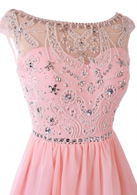 Pink A-line Sashes|ribbons Prom Evening Gown Zipper Chiffon Sleeveless Knee Length