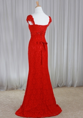 Red Column/Sheath Sweetheart Cap Sleeves Lace With Brush Train Lace Up Beading and Lace and Sashes|ribbons Evening Dress