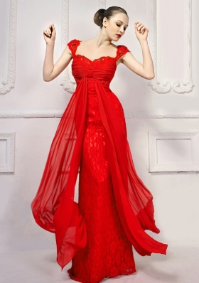 Red Column/Sheath Sweetheart Cap Sleeves Lace With Brush Train Lace Up Beading and Lace and Sashes|ribbons Evening Dress