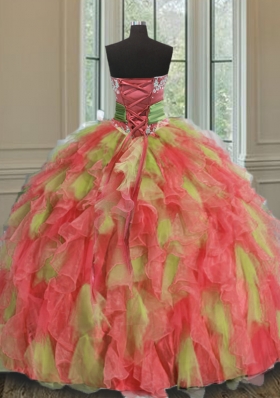 Sweetheart Sleeveless Organza 15 Quinceanera Dress Beading and Ruffles and Sashes|ribbons Lace Up