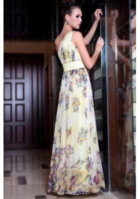 Amazing Light Yellow Column/Sheath One Shoulder Sleeveless Chiffon Floor Length Side Zipper Beading and Pattern Prom Gown