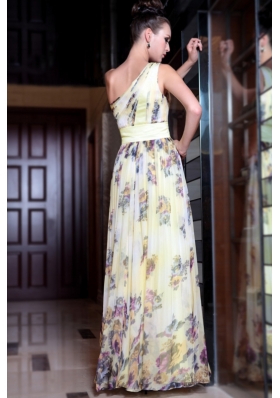 Amazing Light Yellow Column/Sheath One Shoulder Sleeveless Chiffon Floor Length Side Zipper Beading and Pattern Prom Gown