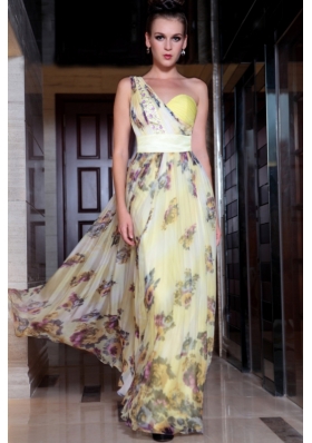 Amazing Light Yellow Column/Sheath One Shoulder Sleeveless Chiffon Floor Length Side Zipper Beading and Pattern Prom Gown