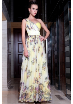 Amazing Light Yellow Column/Sheath One Shoulder Sleeveless Chiffon Floor Length Side Zipper Beading and Pattern Prom Gown