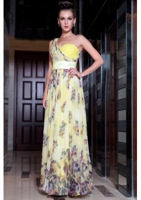 Amazing Light Yellow Column/Sheath One Shoulder Sleeveless Chiffon Floor Length Side Zipper Beading and Pattern Prom Gown