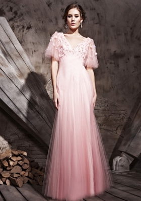 Baby Pink Column/Sheath Lace and Appliques Dress for Prom Zipper Chiffon Half Sleeves Floor Length