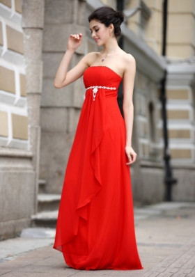 Custom Design Coral Red Column/Sheath Strapless Sleeveless Chiffon Floor Length Zipper Beading and Ruching Prom Gown