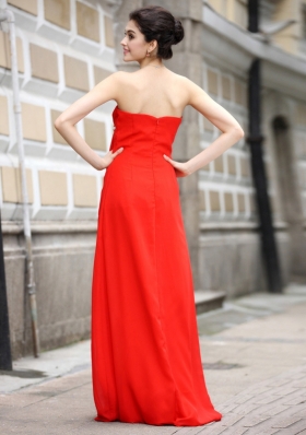 Custom Design Coral Red Column/Sheath Strapless Sleeveless Chiffon Floor Length Zipper Beading and Ruching Prom Gown