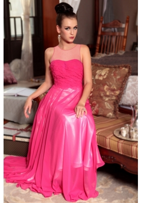 Extravagant Hot Pink Column/Sheath Chiffon Scoop Sleeveless Ruching Ankle Length Zipper Prom Dress